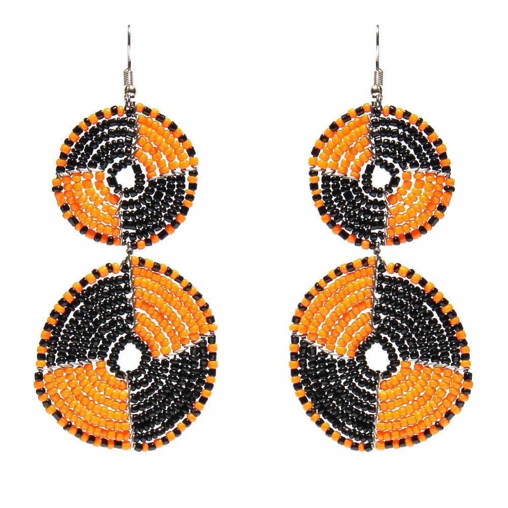 Maasai Bead Double Circle Dangle Earrings, Mango Orange and Black - Jedando - Flyclothing LLC