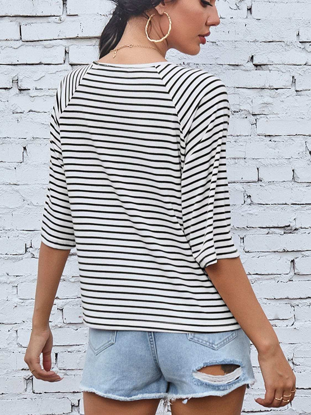 Striped Round Neck Raglan Sleeve T-Shirt - Trendsi - Flyclothing LLC