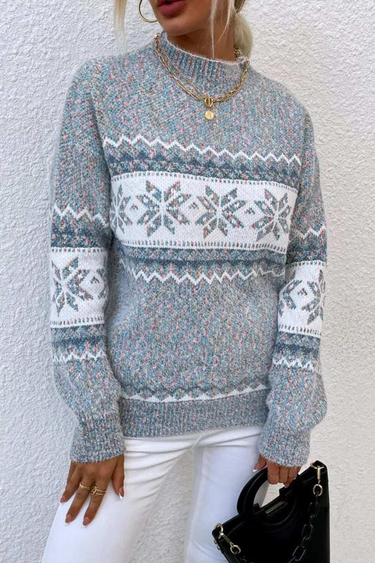 Snowflake Pattern Mock Neck Sweater - Trendsi - Flyclothing LLC