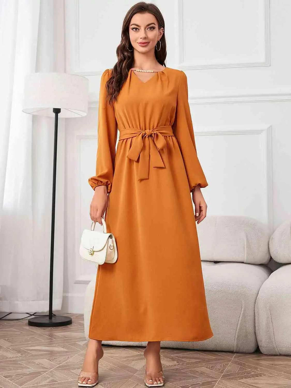 Tie Waist Puff Sleeve Maxi Dress - Trendsi - Flyclothing LLC