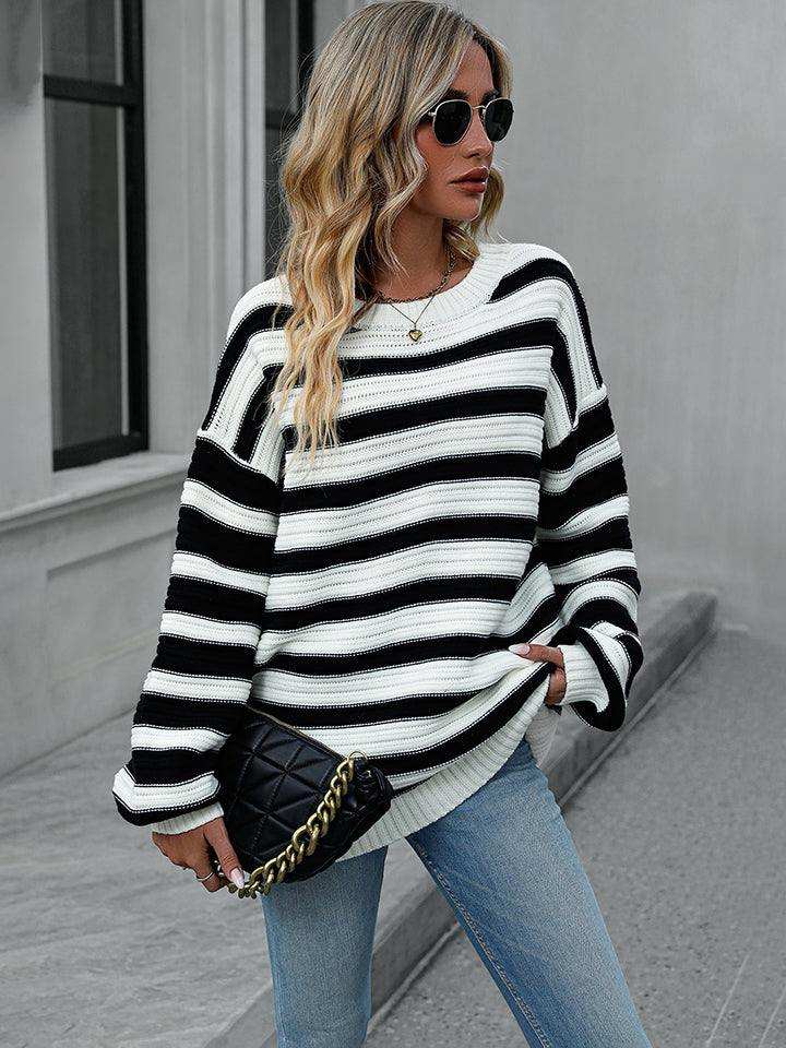 Striped Dropped Shoulder Sweater - Trendsi - Flyclothing LLC