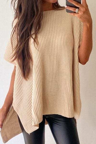 Waffle-Knit Slit Short Sleeve Sweater - Trendsi - Flyclothing LLC