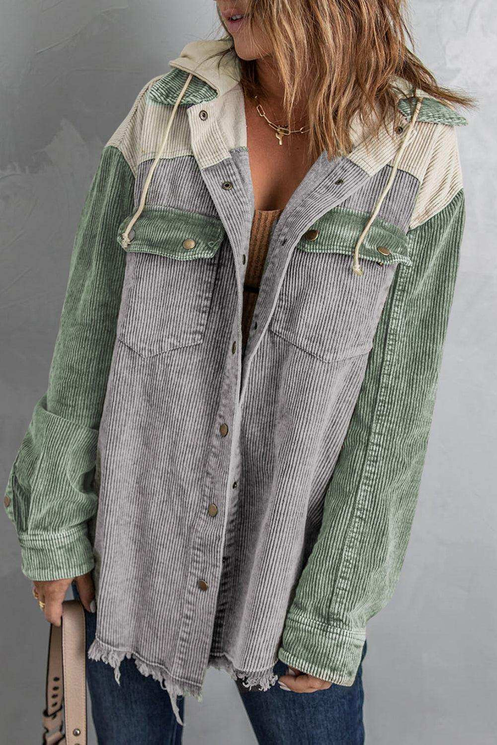 Snap Front Hooded Corduroy Shacket - Trendsi - Flyclothing LLC