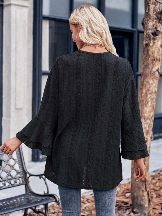 Eyelet Bell Sleeve Cardigan - Trendsi - Flyclothing LLC