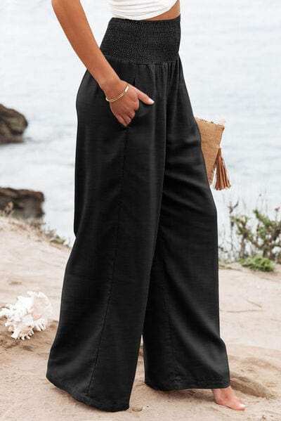 Plus Size Smocked High Waist Wide Leg Pants - Trendsi - Flyclothing LLC
