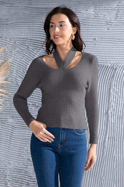 Halter Neck Long Sleeve Sweater - Trendsi - Flyclothing LLC