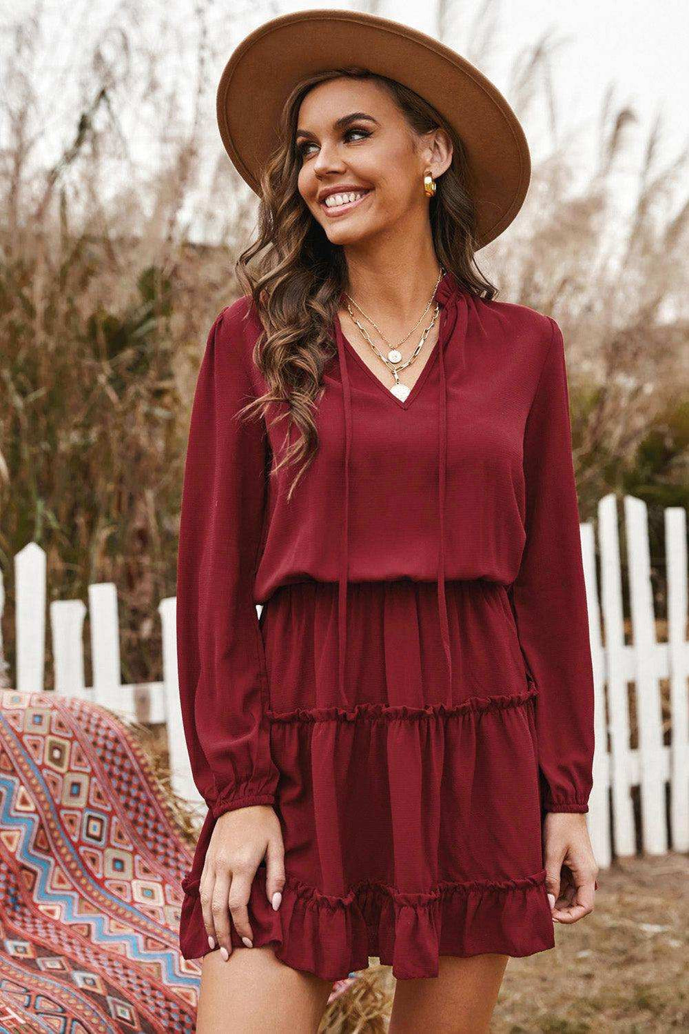 Tied Frill Trim Puff Sleeve Mini Dress - Trendsi - Flyclothing LLC