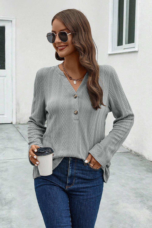 Buttoned Notched Neck Long Sleeve T-Shirt - Trendsi - Flyclothing LLC