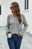 Buttoned Notched Neck Long Sleeve T-Shirt - Trendsi - Flyclothing LLC