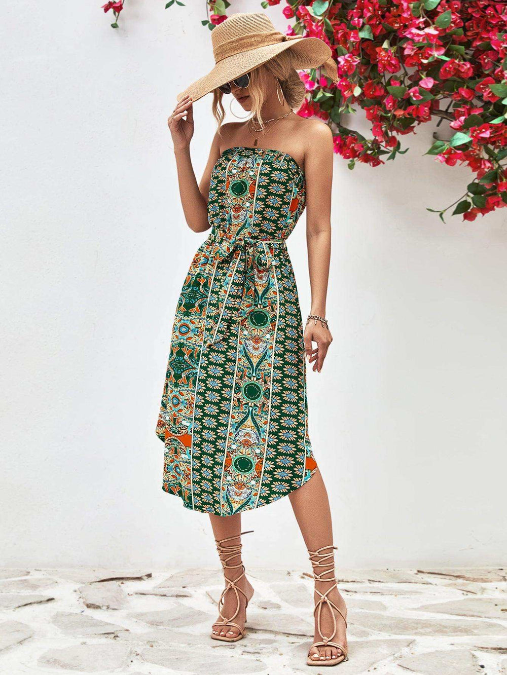 Printed Strapless Tie Belt Dress - Trendsi - Flyclothing LLC