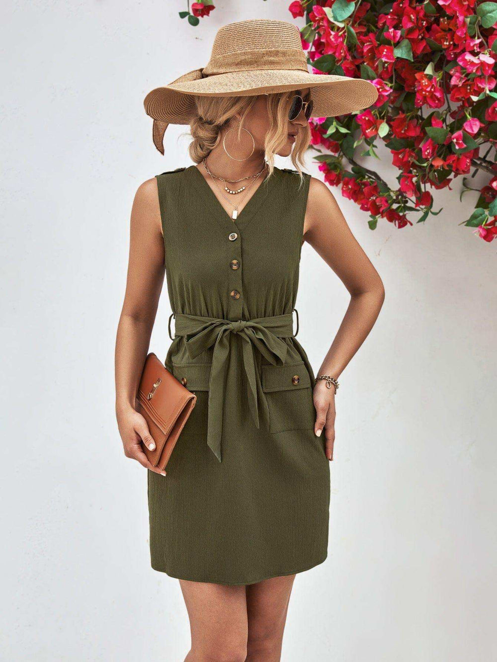 Buttoned V-Neck Belted Sleeveless Dress - Trendsi - Flyclothing LLC