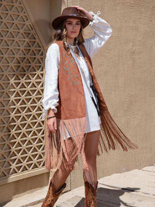 Fringe Hem Open Front Vest - Trendsi - Flyclothing LLC