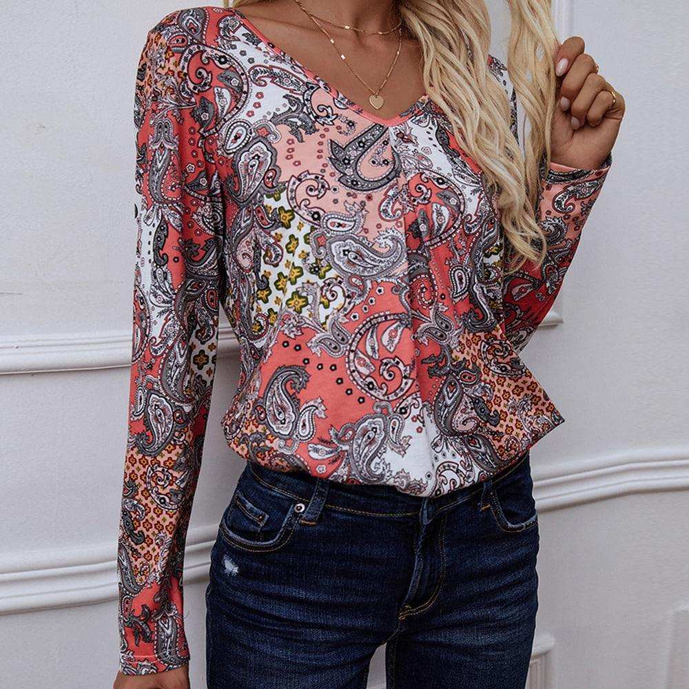 Printed V-Neck Long Sleeve Blouse - Trendsi - Flyclothing LLC