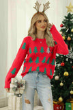 Christmas Tree Round Neck Ribbed Trim Sweater - Trendsi - Flyclothing LLC