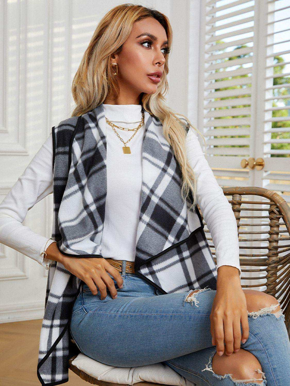 Plaid Open Front Vest - Trendsi - Flyclothing LLC