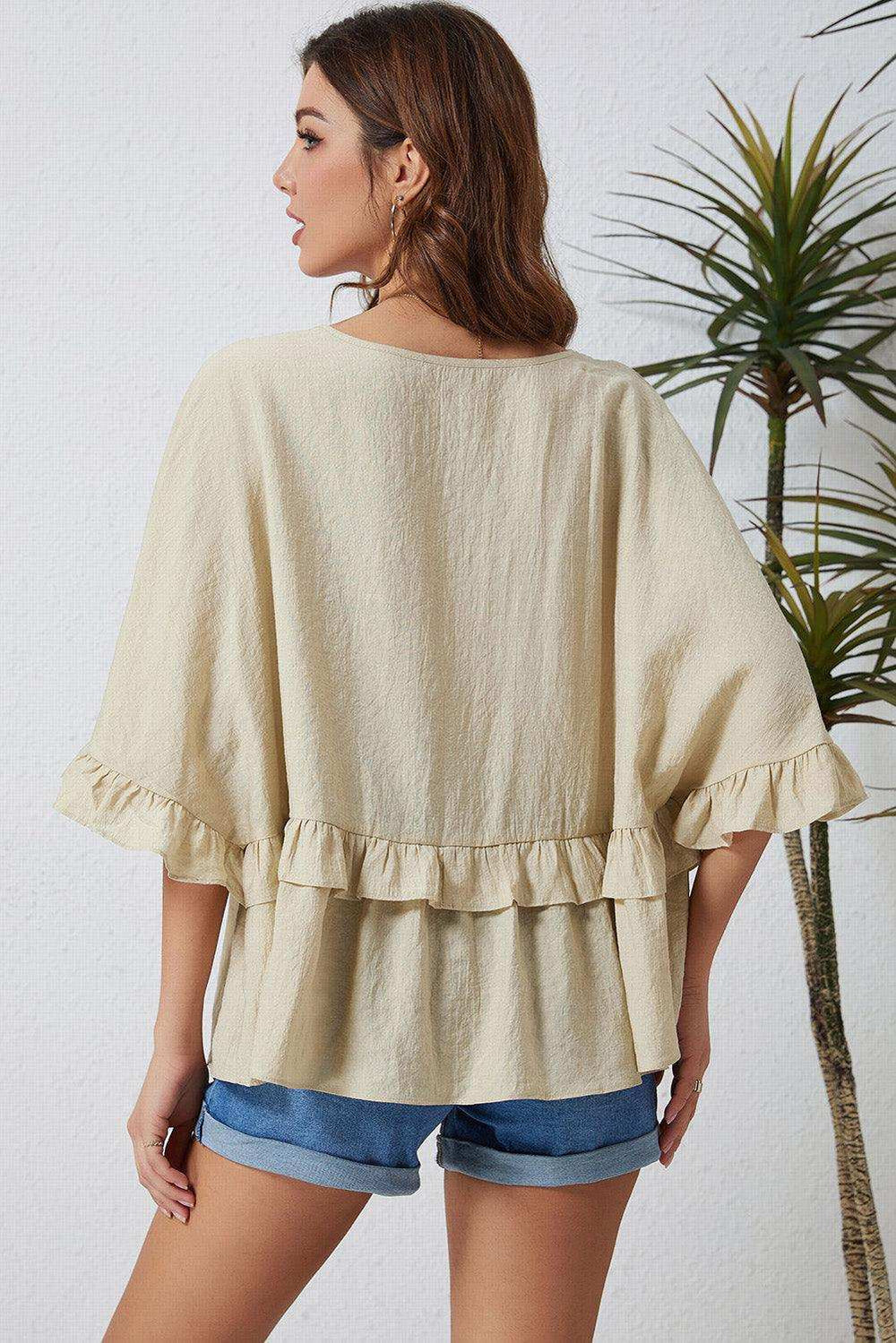 Ruffled V-Neck Half Sleeve Blouse - Trendsi - Flyclothing LLC