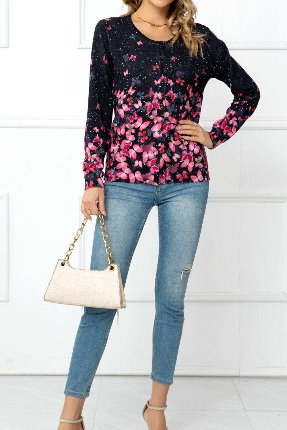Floral Button Front Round Neck Cardigan - Trendsi - Flyclothing LLC