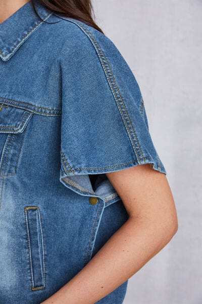Pocketed Button Up Short Sleeve Denim Top - Trendsi - Flyclothing LLC