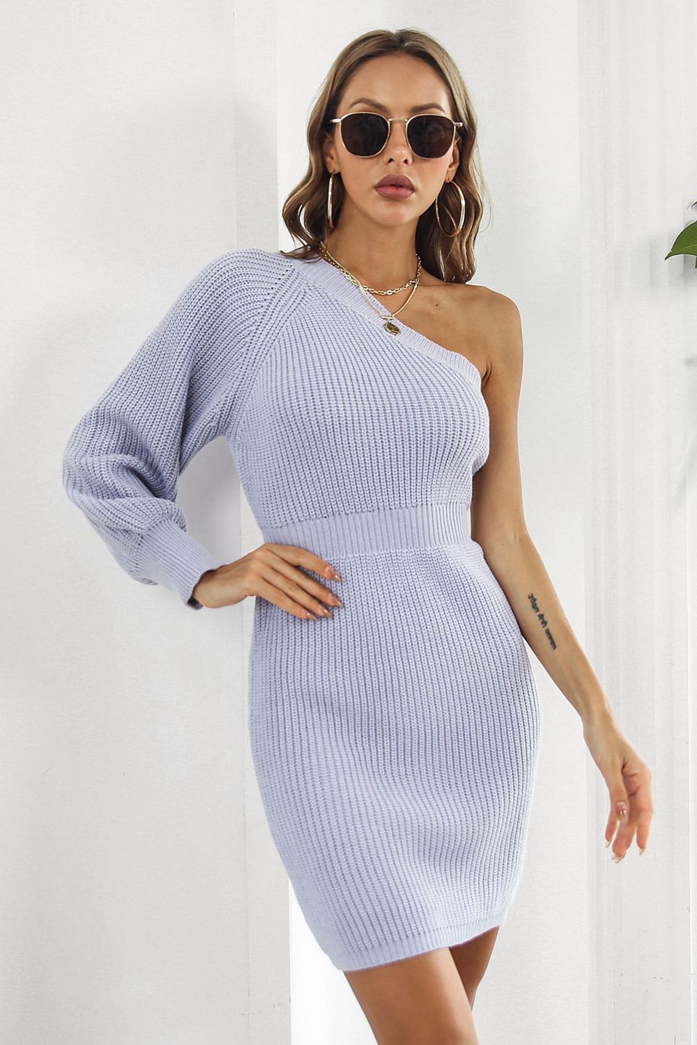 One Shoulder Raglan Sleeve Pencil Sweater Dress - Lavender / S