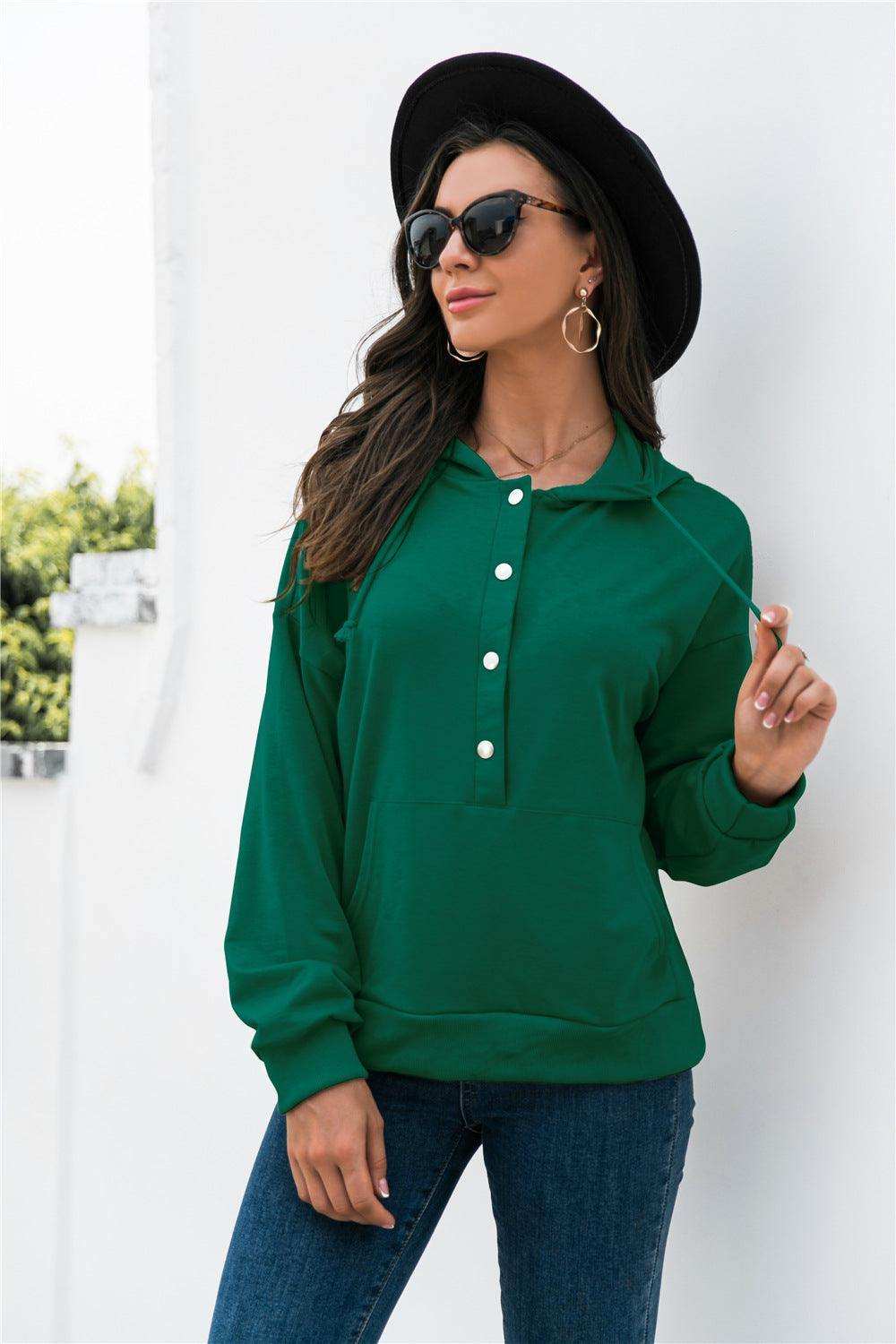 Half-Snap Drawstring Hoodie with Kangaroo Pocket - Trendsi - Flyclothing LLC