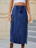 Slit Pocketed High Waist Denim Skirt - Trendsi - Flyclothing LLC