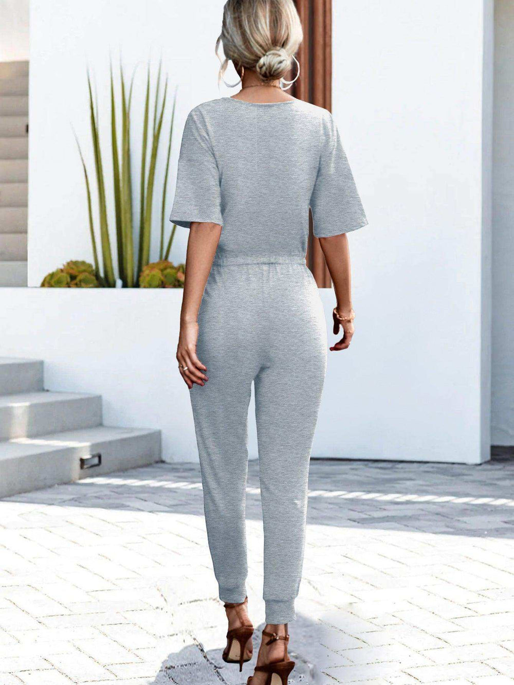 Buttoned Half Sleeve Round Neck Jumpsuit - Trendsi - Flyclothing LLC