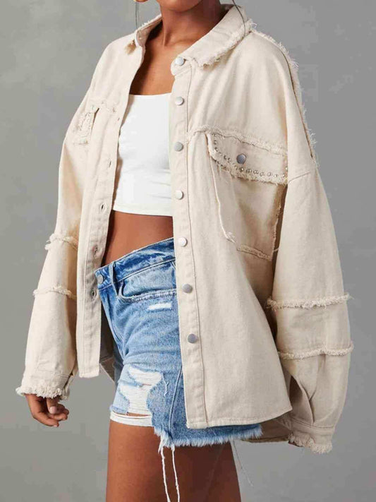 Button Down Raw Hem Denim Jacket - Trendsi - Flyclothing LLC