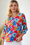 Floral V-Neck Three-Quarter Sleeve Top - Trendsi - Flyclothing LLC
