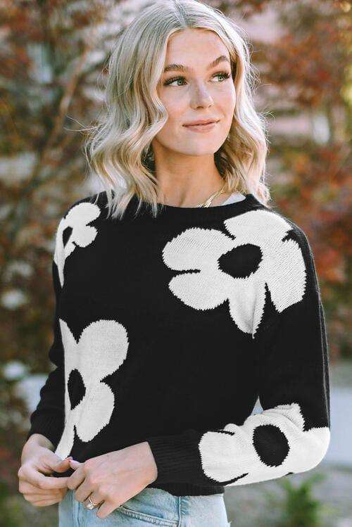 Round Neck Floral Pattern Color Contrast Design Long Sleeve Sweater - Trendsi - Flyclothing LLC