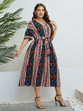 Plus Size Bohemian V-Neck Tie Belt Midi Dress - Trendsi - Flyclothing LLC