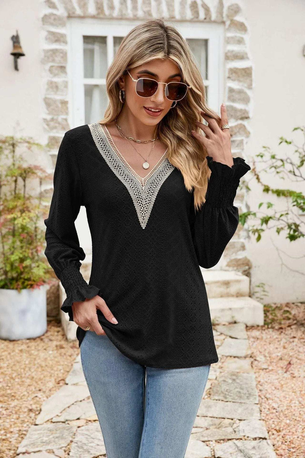 Eyelet V-Neck Smocked Flounce Sleeve Blouse - Trendsi - Flyclothing LLC