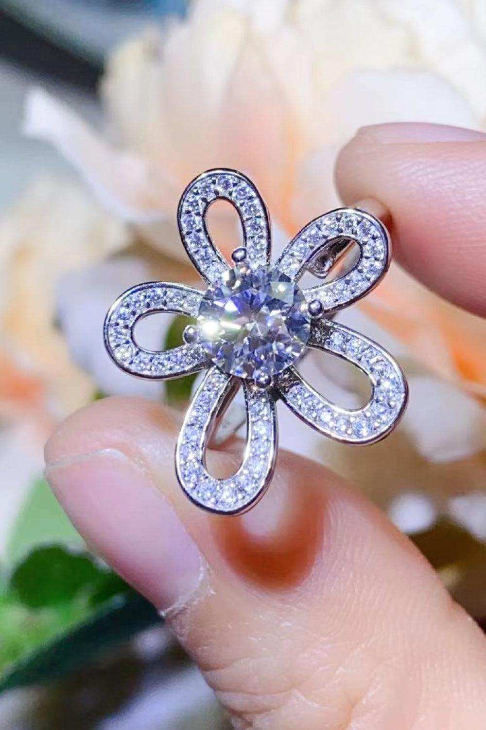 1 Carat Moissanite Flower-Shape Open Ring - Trendsi - Flyclothing LLC
