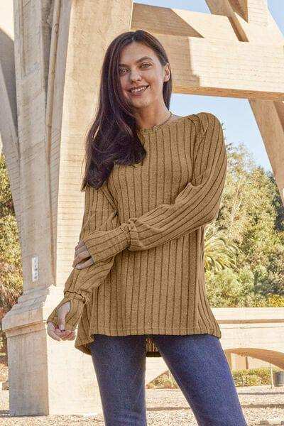 Basic Bae Full Size Ribbed Round Neck Long Sleeve Knit Top - Trendsi - Flyclothing LLC
