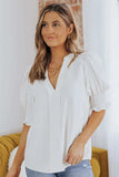 Smocked Flounce Sleeve Notched Neck Blouse - Trendsi - Flyclothing LLC