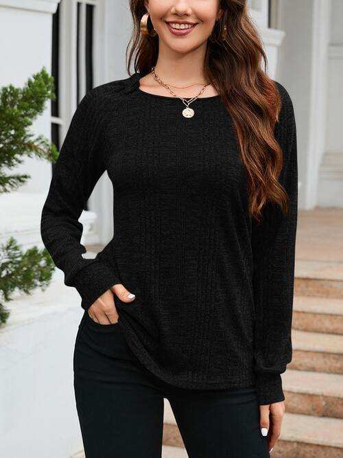Texture Round Neck Long Sleeve Knit Top - Trendsi - Flyclothing LLC