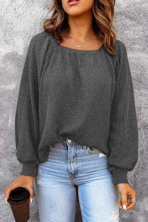 Square Neck Waffle-Knit Top - Trendsi - Flyclothing LLC