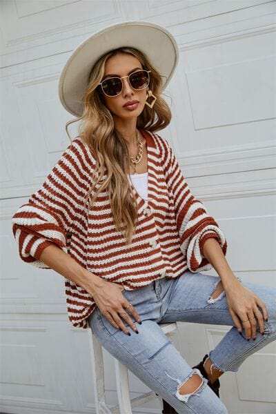 Striped Button Up Long Sleeve Cardigan - Trendsi - Flyclothing LLC