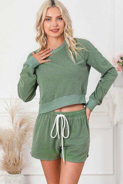 Round Neck Long Sleeve Top and Drawstring Shorts Lounge Set - Trendsi - Flyclothing LLC