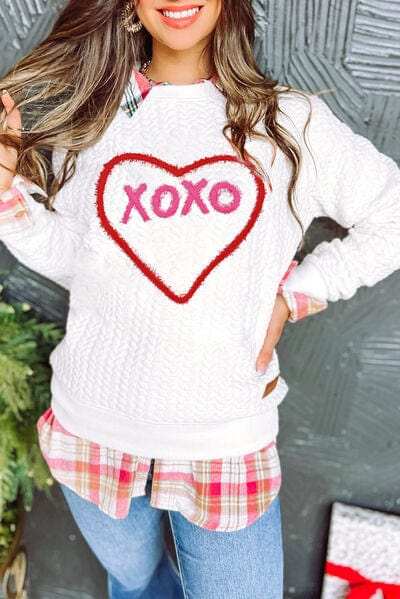 XOXO Heart Round Neck Dropped Shoulder Sweatshirt - Trendsi - Flyclothing LLC