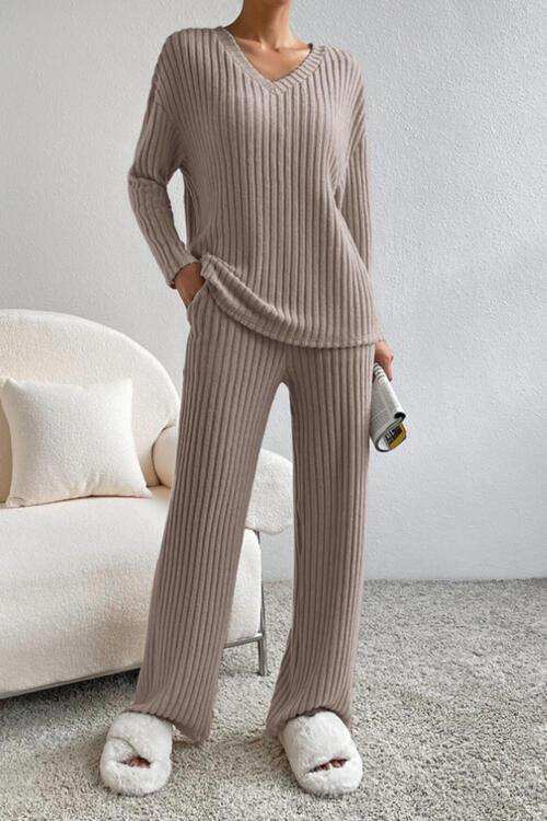 Ribbed V-Neck Top and Pants Set - Trendsi - Flyclothing LLC