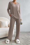 Ribbed V-Neck Top and Pants Set - Trendsi - Flyclothing LLC