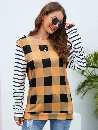 Plaid Striped Round Neck Long Sleeve T-Shirt - Trendsi - Flyclothing LLC