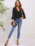 V-Neck Lace Detail Flounce Sleeve Blouse - Trendsi - Flyclothing LLC