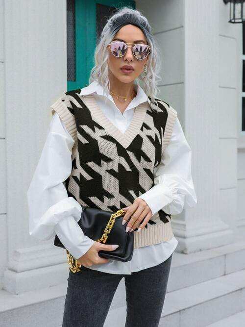 Houndstooth V-Neck Sweater Vest - Trendsi - Flyclothing LLC