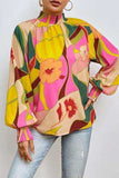 Floral Smocked Lantern Sleeve Mock Neck Blouse - Trendsi - Flyclothing LLC
