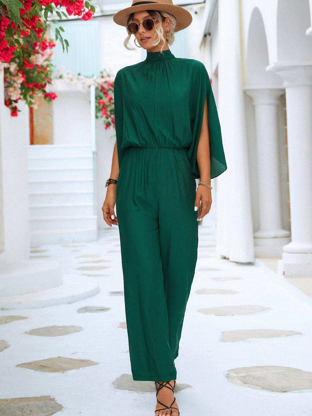 Tie Back Mock Neck Split Sleeve Jumpsuit - Trendsi - Flyclothing LLC