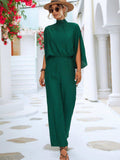 Tie Back Mock Neck Split Sleeve Jumpsuit - Trendsi - Flyclothing LLC