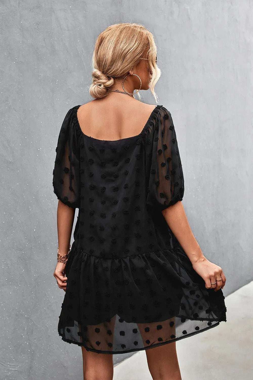 Swiss Dot Square Neck Half Balloon Sleeve Dress - Trendsi - Flyclothing LLC