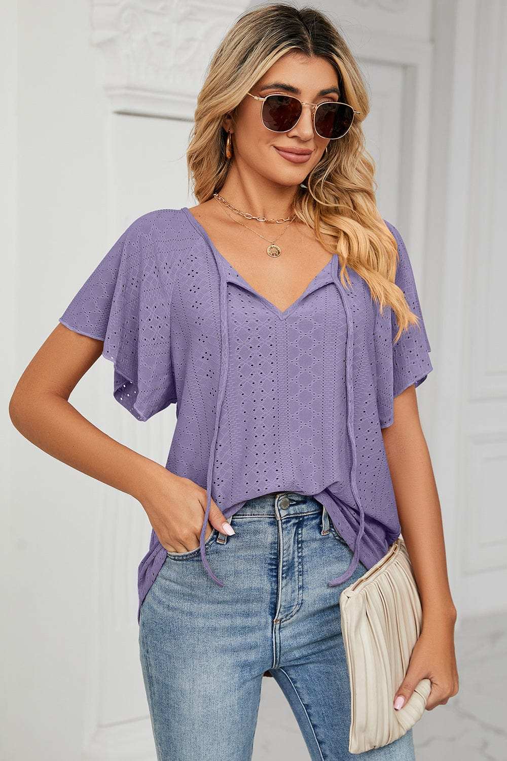 Eyelet Tie Neck Flutter Sleeve Blouse - Trendsi - Flyclothing LLC