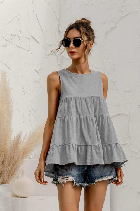 Round Neck Tiered Tank - Trendsi - Flyclothing LLC